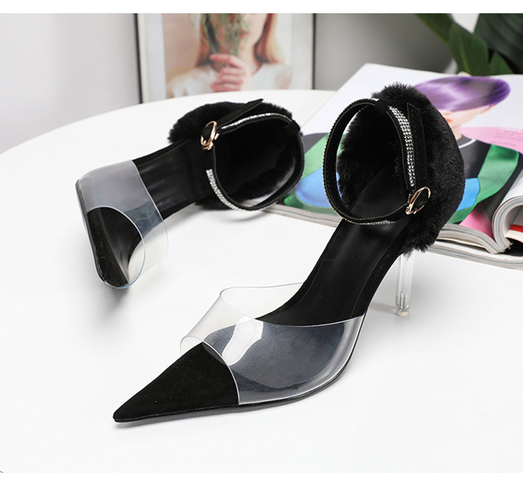 PVC Pointed Transparent Open Toe Plush Sandals