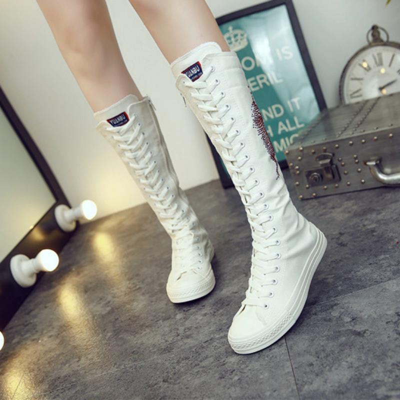 Casual Canvas High Boots With Rhinestones