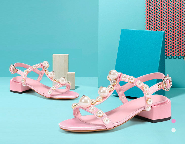 Beaded T-Strap Open Toe Pink Shoes - Pink