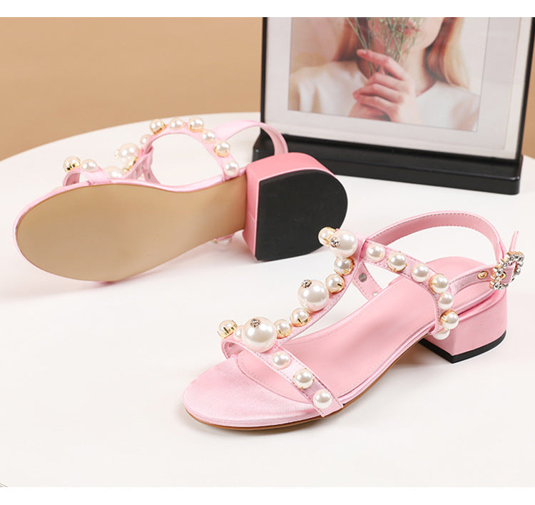 Beaded T-Strap Open Toe Pink Shoes - Pink