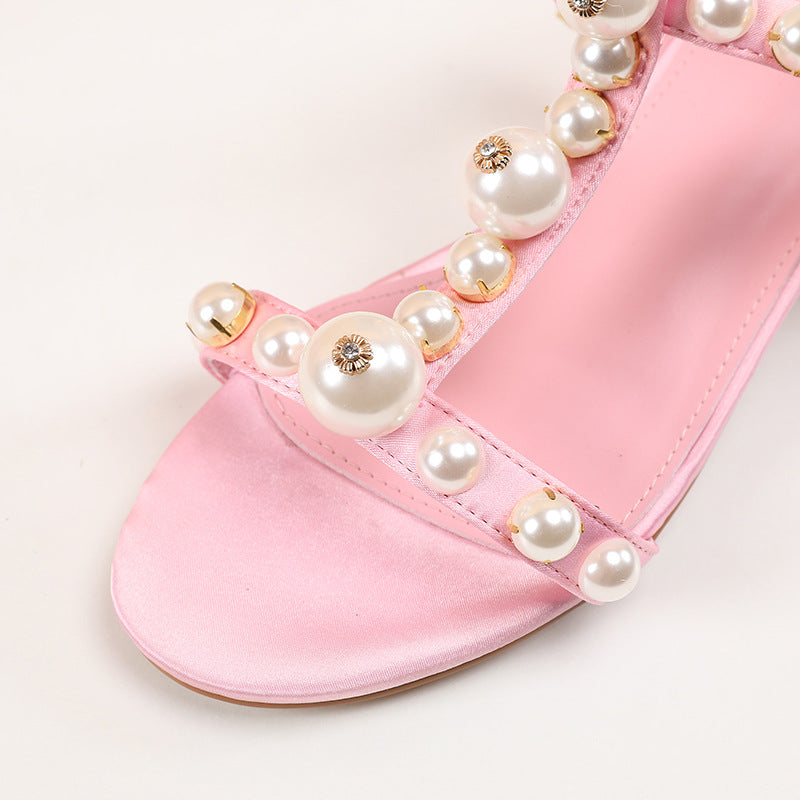 Beaded T-Strap Open Toe Pink Shoes - Pink