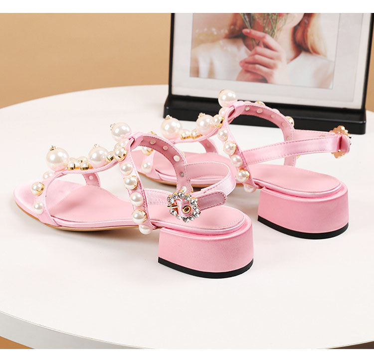 Beaded T-Strap Open Toe Pink Shoes - Pink