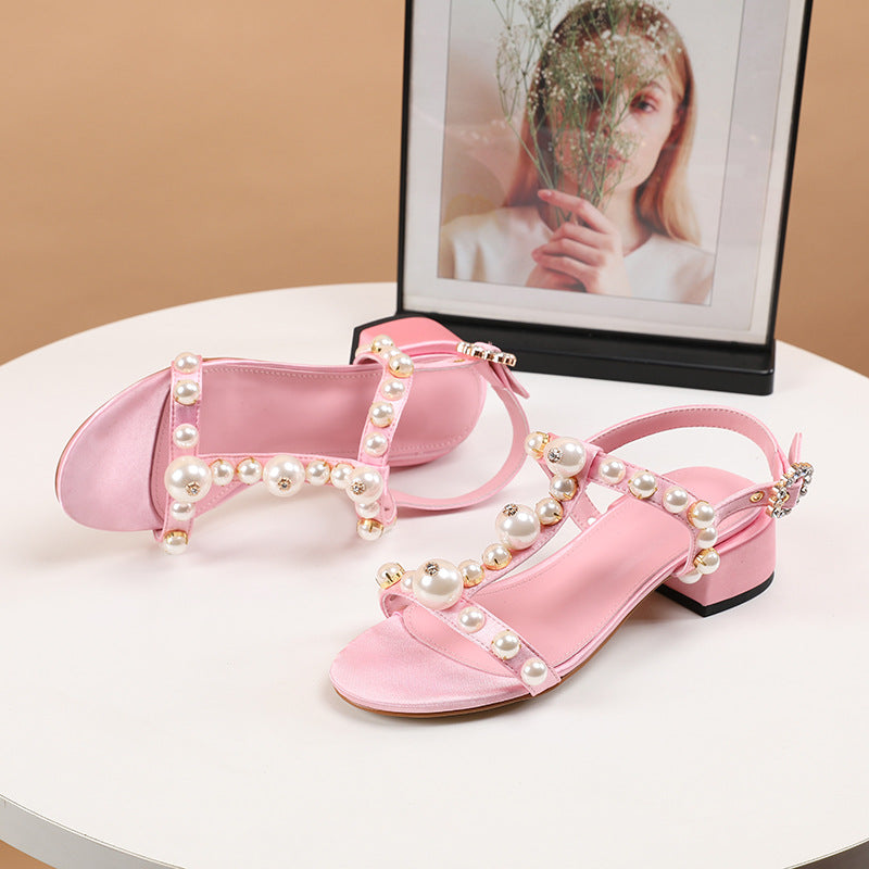 Beaded T-Strap Open Toe Pink Shoes - Pink