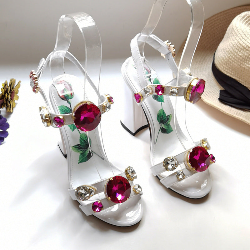 White Fish Mouth Gemstone Thick Heel Sandals