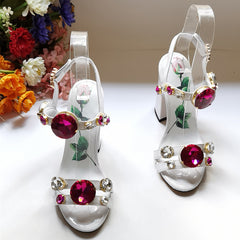 White Fish Mouth Gemstone Thick Heel Sandals