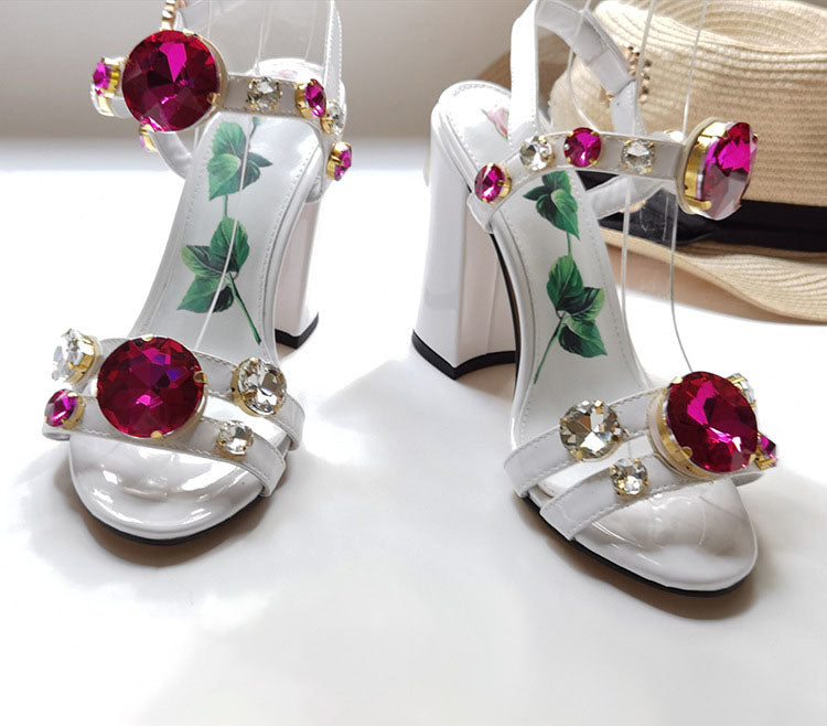 White Fish Mouth Gemstone Thick Heel Sandals