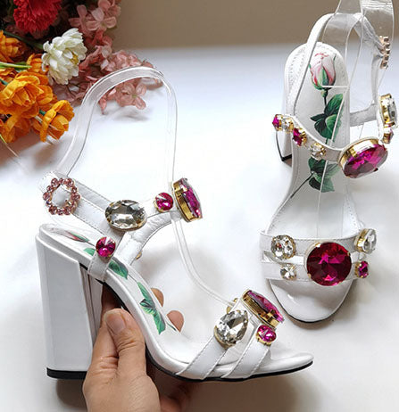 White Fish Mouth Gemstone Thick Heel Sandals