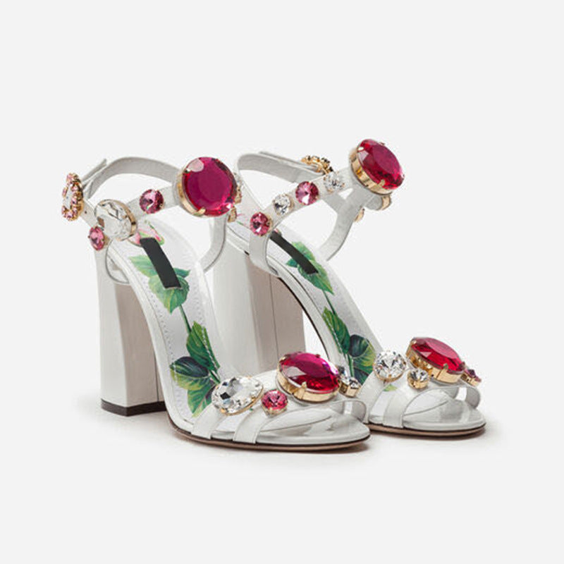 White Fish Mouth Gemstone Thick Heel Sandals