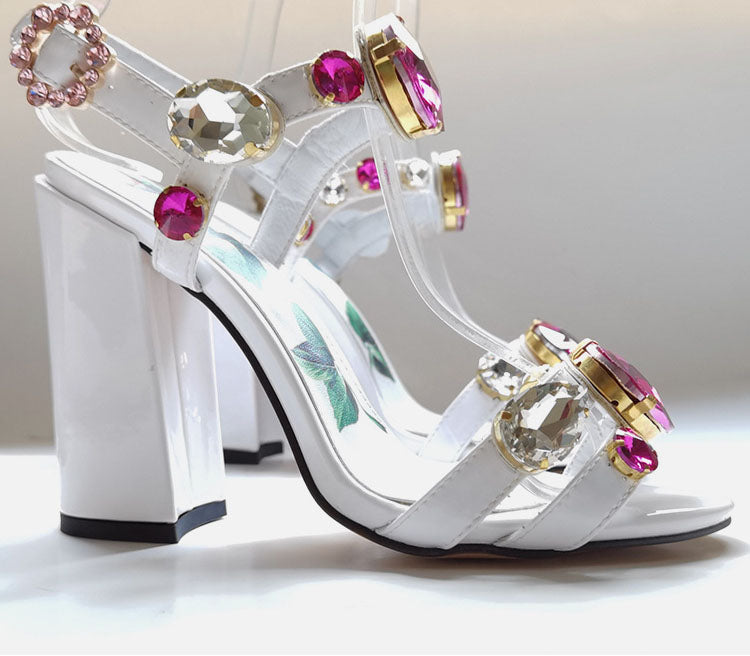 White Fish Mouth Gemstone Thick Heel Sandals