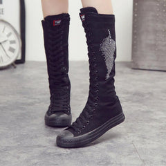 Casual Canvas High Boots With Rhinestones