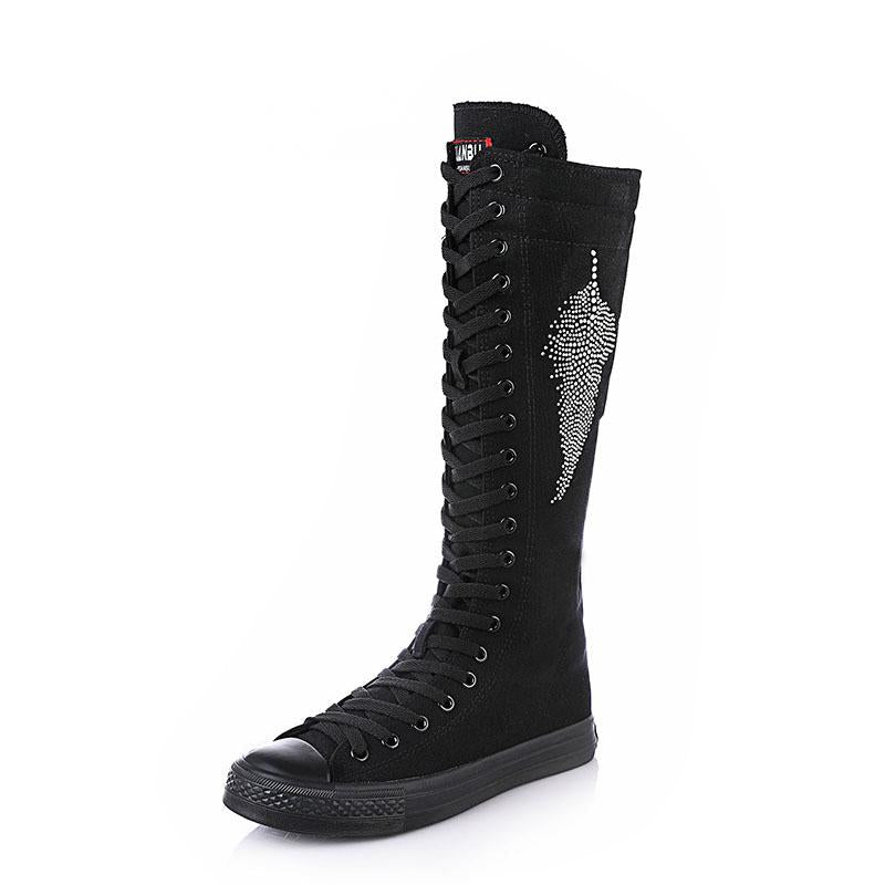 Casual Canvas High Boots With Rhinestones