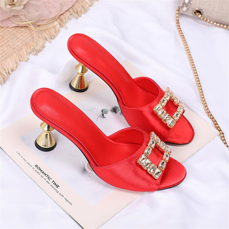 Rhinestone Square Buckle Embellished High Heel Sandals