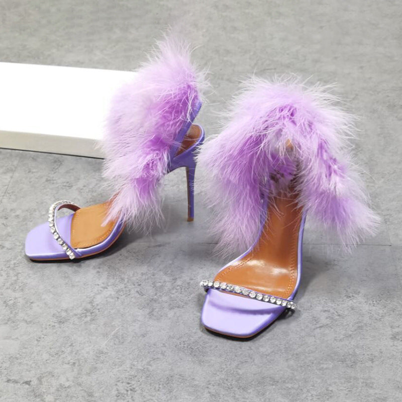 Sparkling Rhinestone Open-Toe Purple Feather Stiletto Pumps