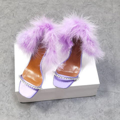 Sparkling Rhinestone Open-Toe Purple Feather Stiletto Pumps