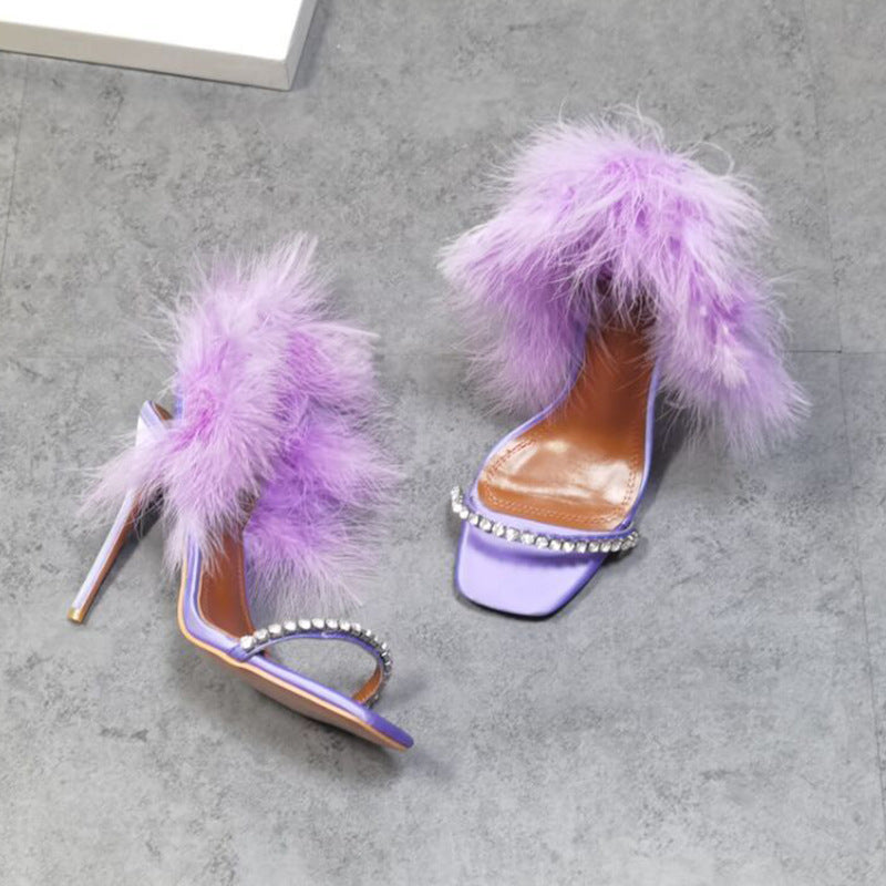 Sparkling Rhinestone Open-Toe Purple Feather Stiletto Pumps