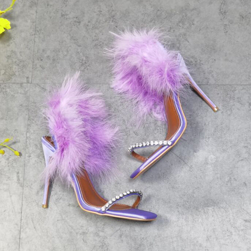 Sparkling Rhinestone Open-Toe Purple Feather Stiletto Pumps