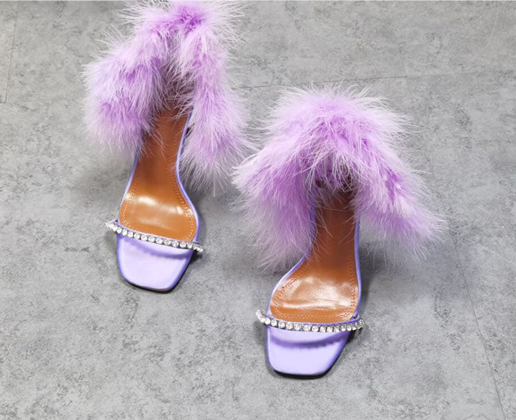 Sparkling Rhinestone Open-Toe Purple Feather Stiletto Pumps