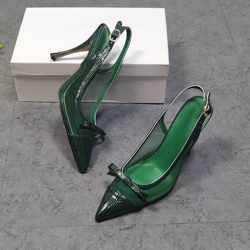 Green Leather Slingback Pumps With Stiletto Heels