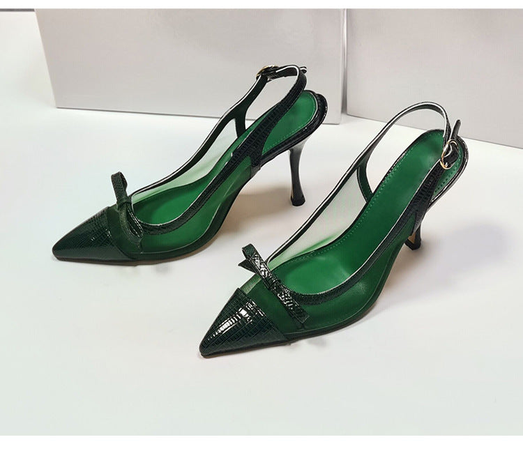 Green Leather Slingback Pumps With Stiletto Heels