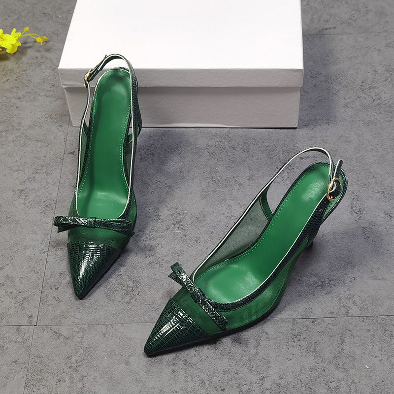 Green Leather Slingback Pumps With Stiletto Heels