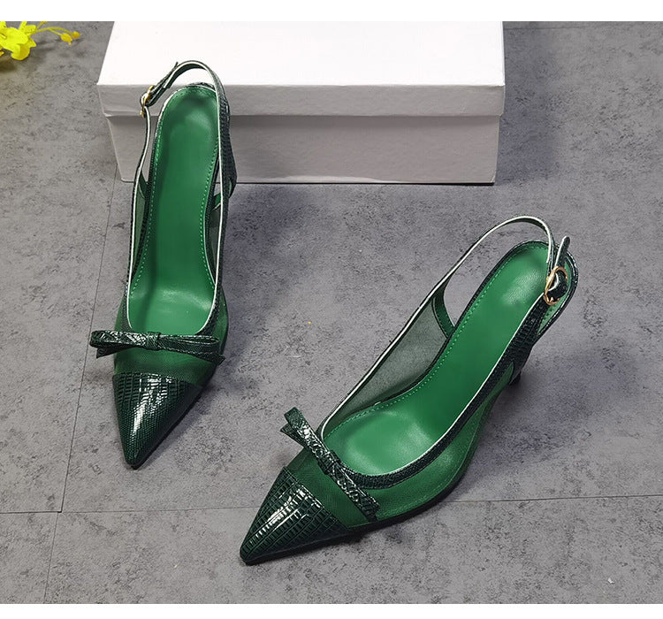 Green Leather Slingback Pumps With Stiletto Heels