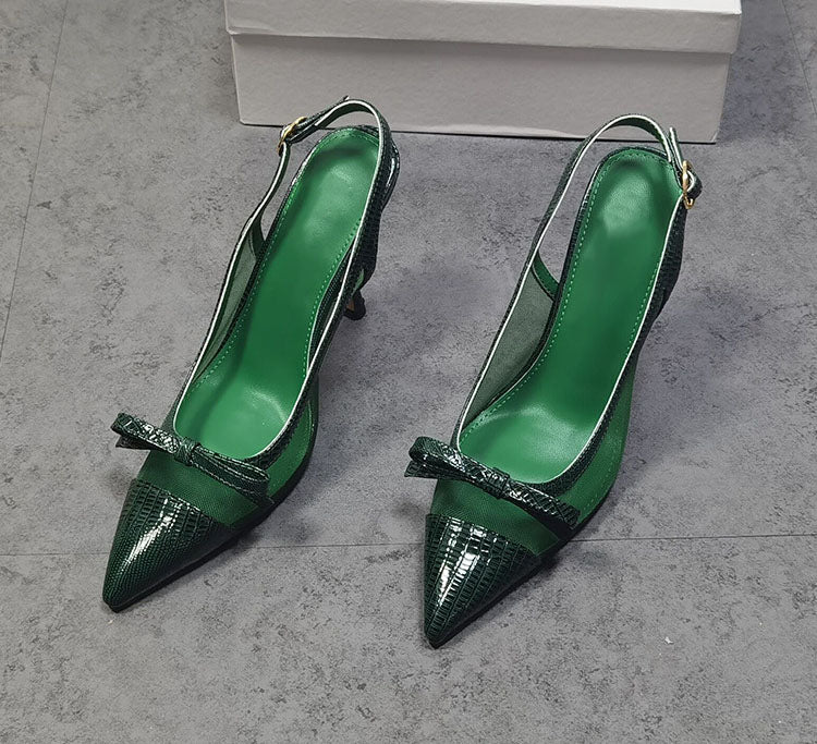 Green Leather Slingback Pumps With Stiletto Heels