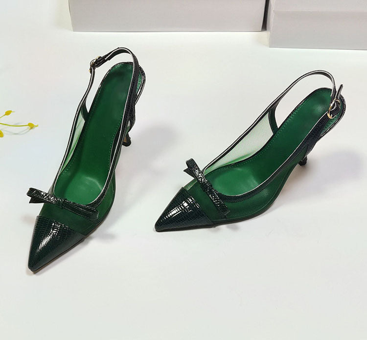 Green Leather Slingback Pumps With Stiletto Heels