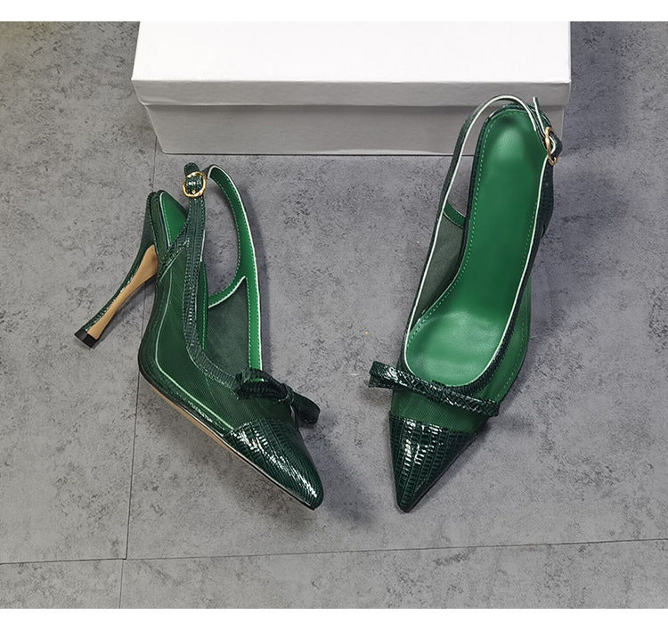 Green Leather Slingback Pumps With Stiletto Heels