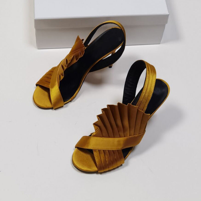 Satin High Heel Sandals With Pleated Straps