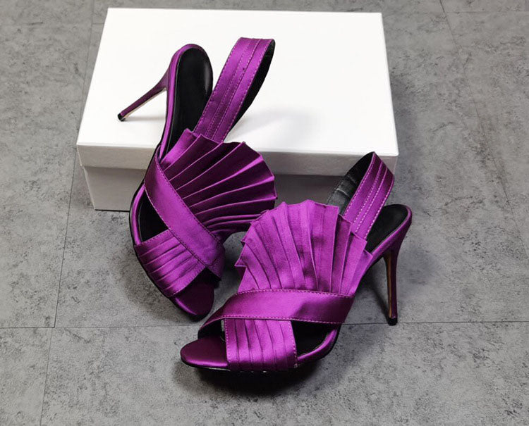 Satin High Heel Sandals With Pleated Straps