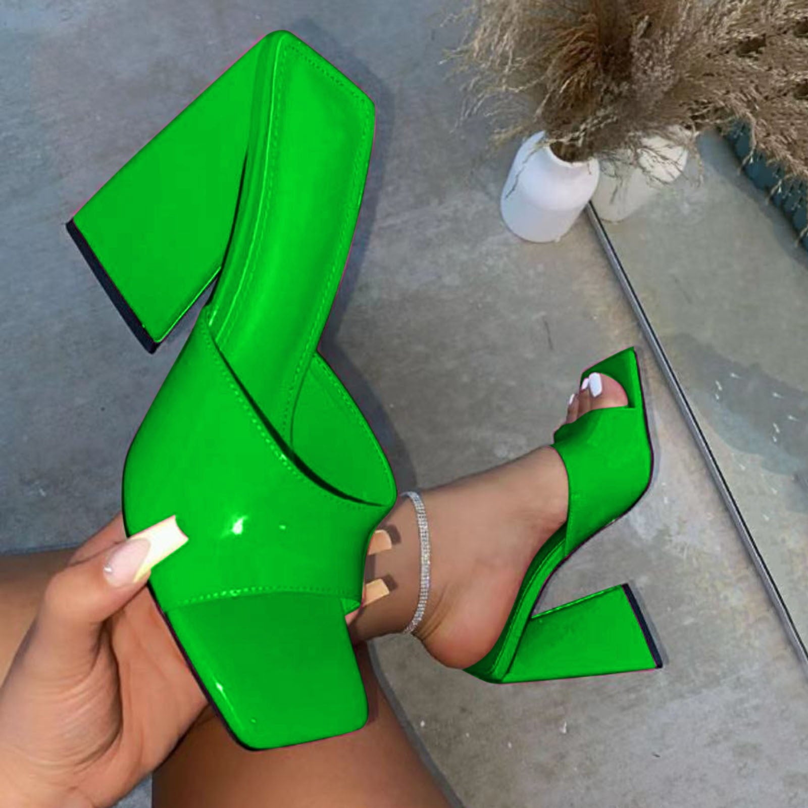 Chunky Heeled Strapless Sandals - Green