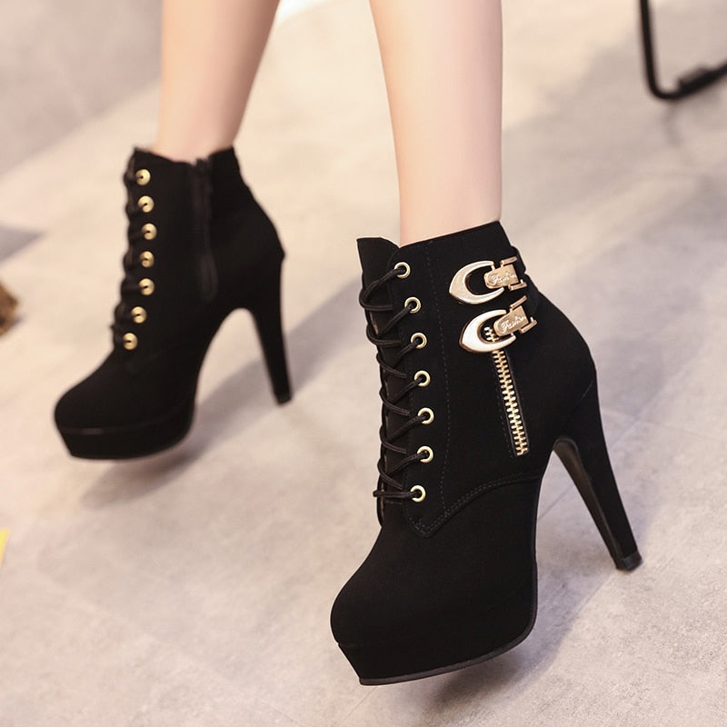 Casual High Heel Lace Up Ankle Boots With Buckles