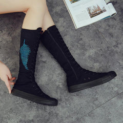 Casual Canvas High Boots With Rhinestones