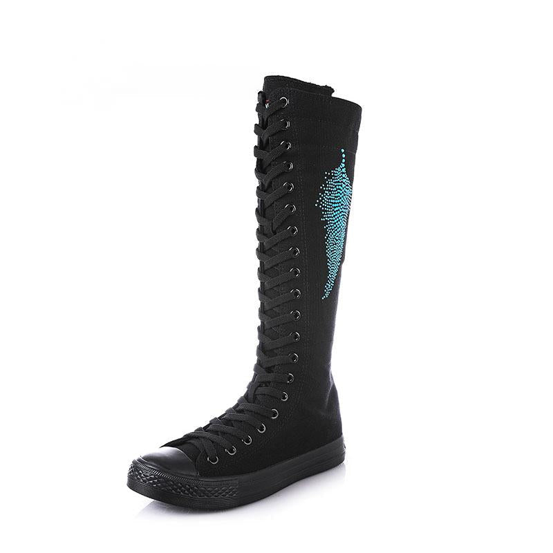 Casual Canvas High Boots With Rhinestones