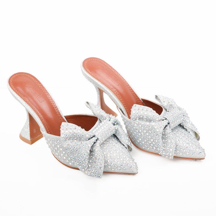 POINTED TOE BOW HIGH HEELS PUMPS - Silver