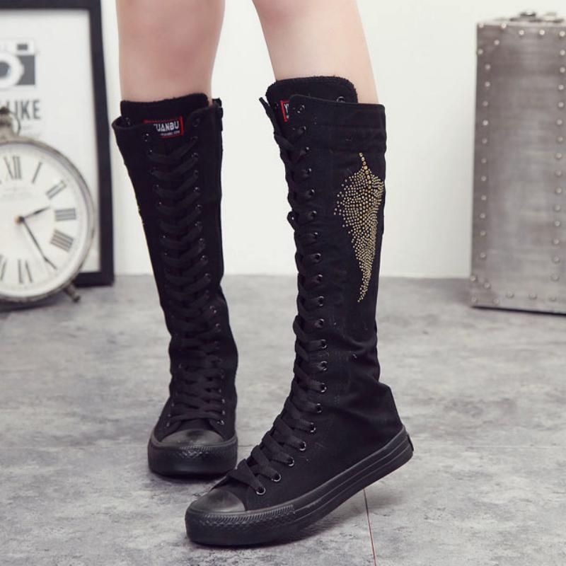 Casual Canvas High Boots With Rhinestones