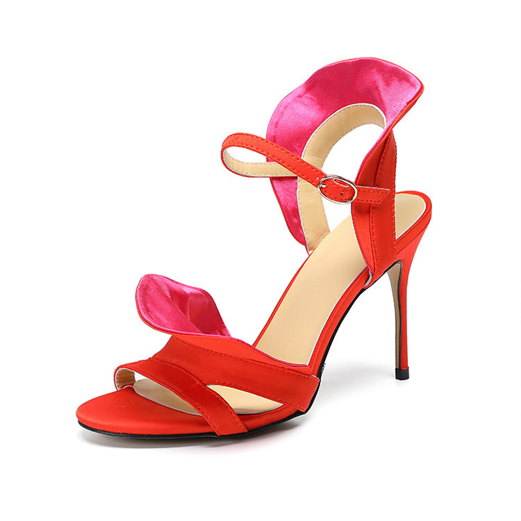 Red Flower Color Block Stiletto Sandals