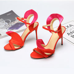 Red Flower Color Block Stiletto Sandals