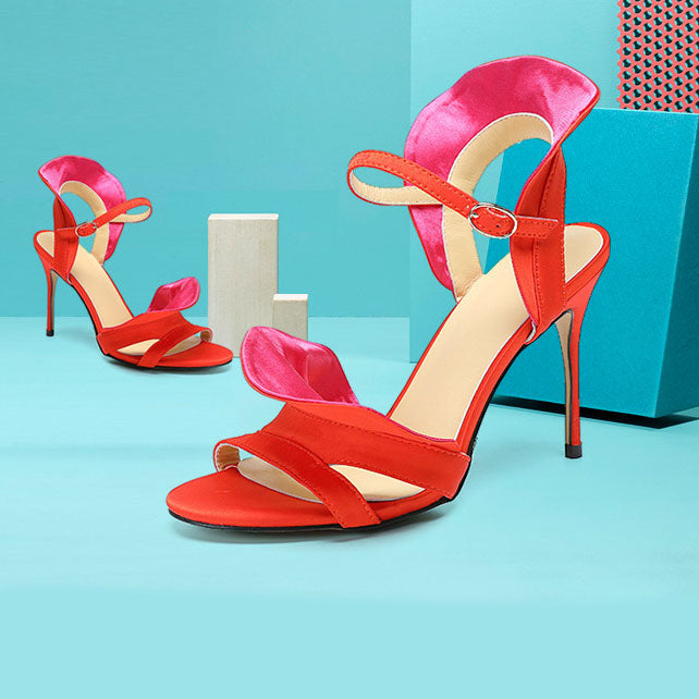 Red Flower Color Block Stiletto Sandals