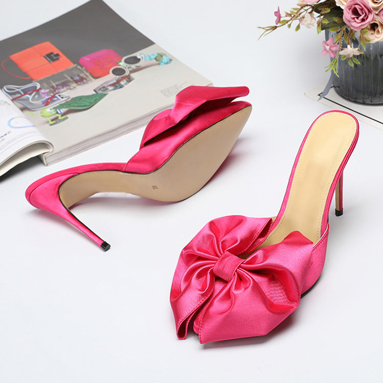 Big Bow Peach Pink Silk Stilettos