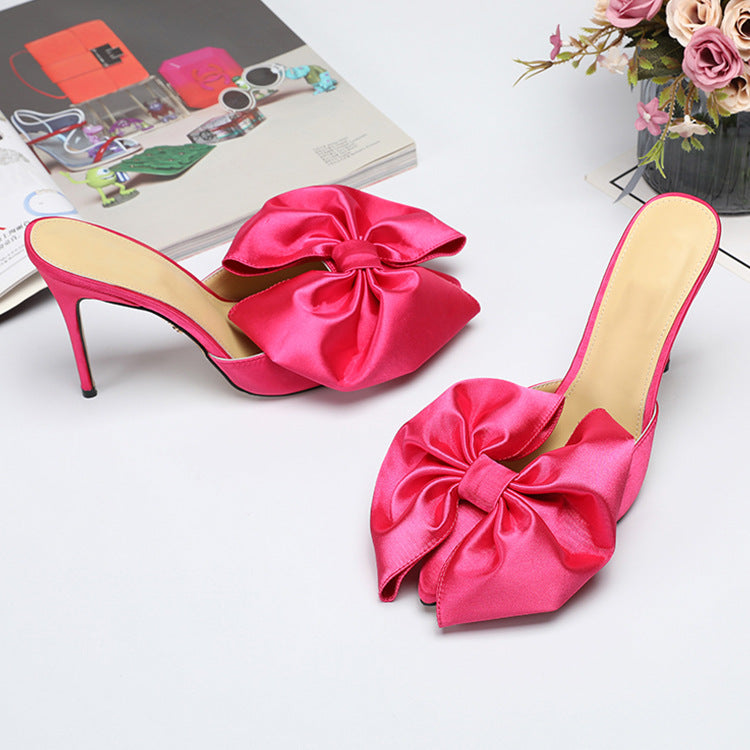 Big Bow Peach Pink Silk Stilettos