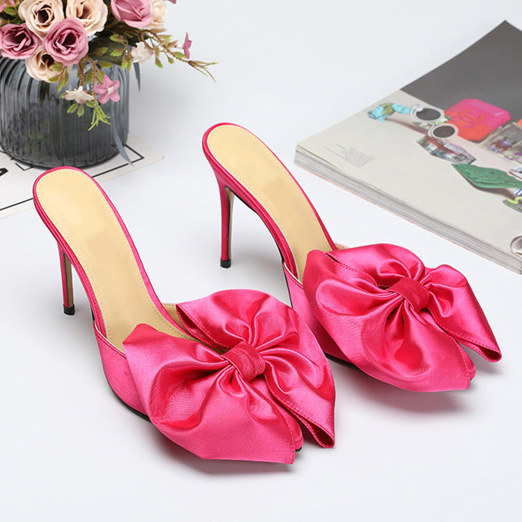 Big Bow Peach Pink Silk Stilettos