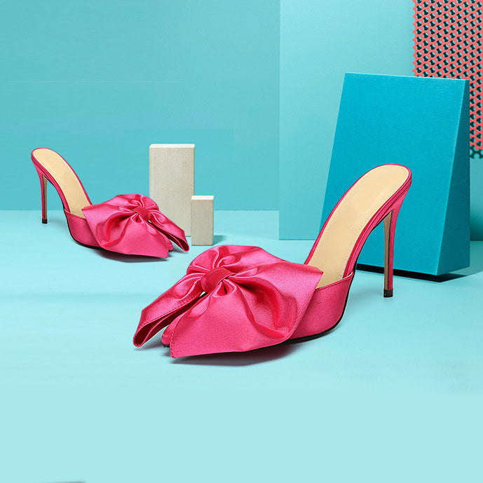 Big Bow Peach Pink Silk Stilettos