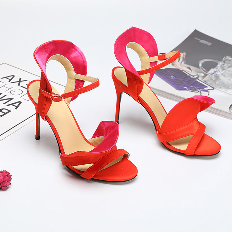 Red Flower Color Block Stiletto Sandals