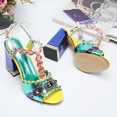 Studded Mélange Block Heel T-Strap Sandals