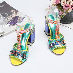 Studded Mélange Block Heel T-Strap Sandals