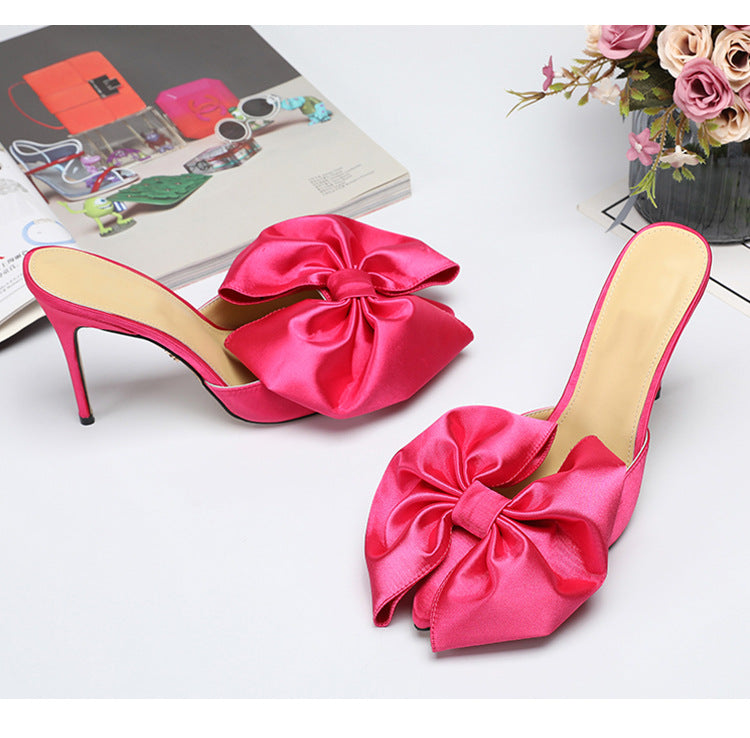 Big Bow Peach Pink Silk Stilettos