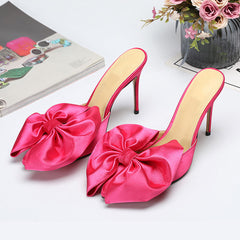 Big Bow Peach Pink Silk Stilettos