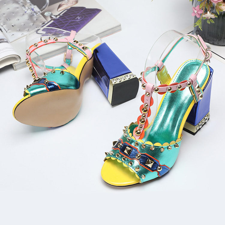 Studded Mélange Block Heel T-Strap Sandals