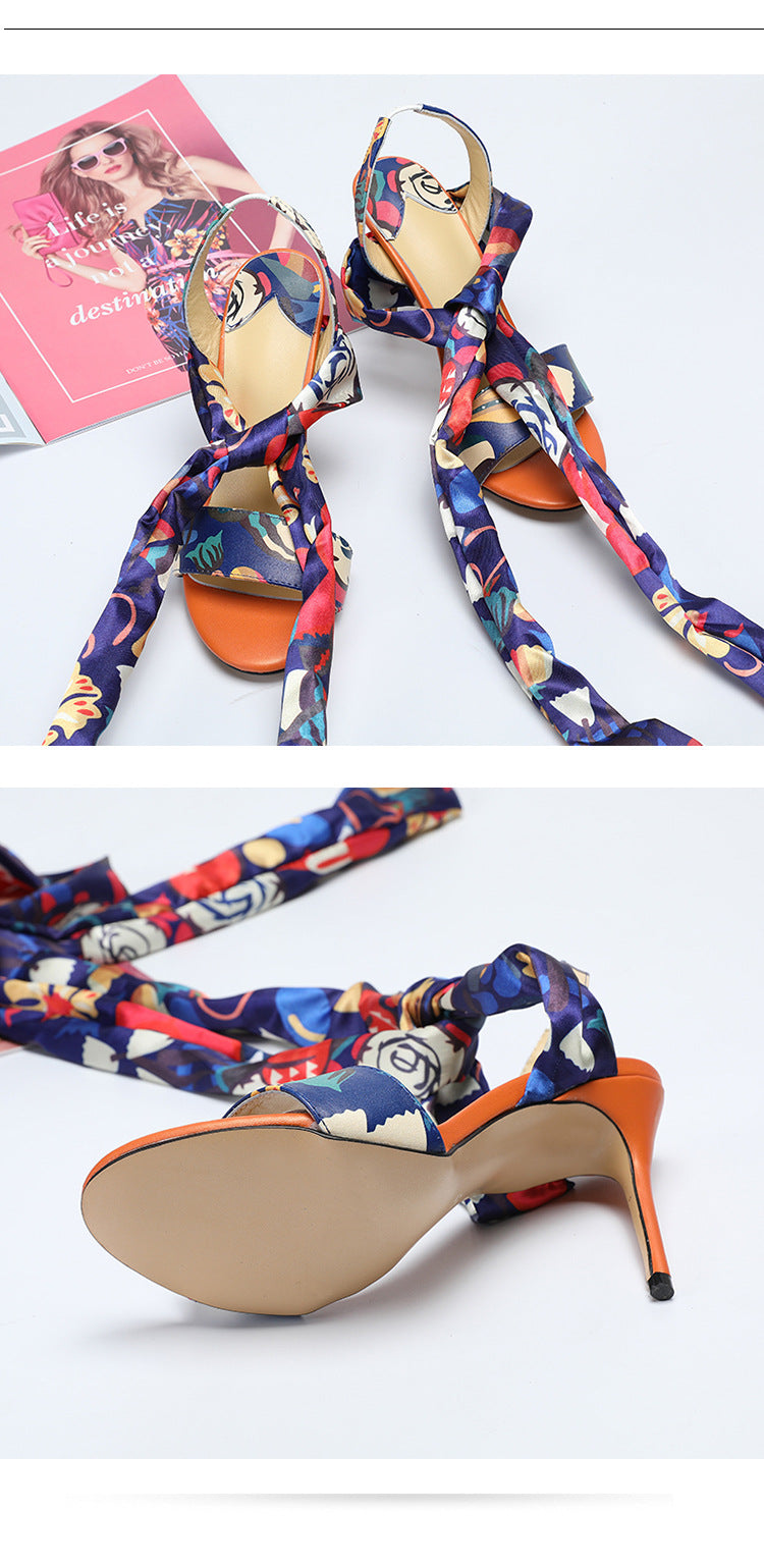 Floral Ankle Strap Open Toe High Heel Sandals